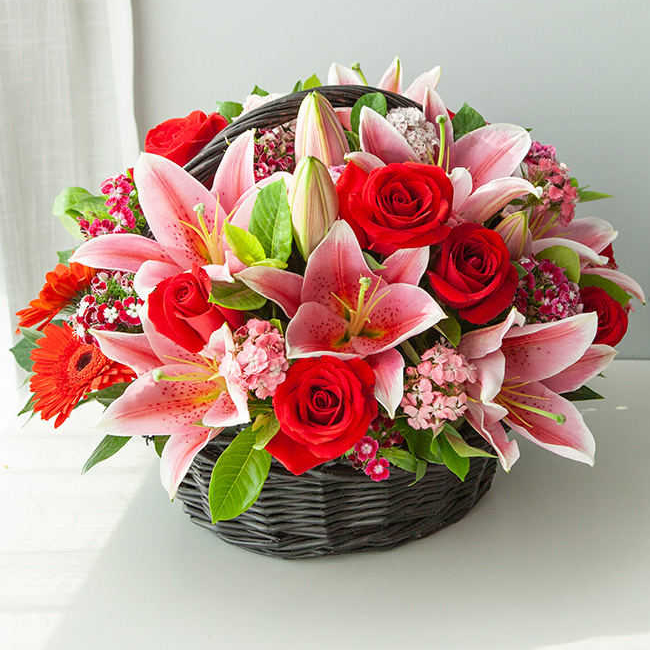 10朵粉色百合，8朵卡罗拉玫瑰，6朵红色扶�O，搭配石竹梅，绿叶等